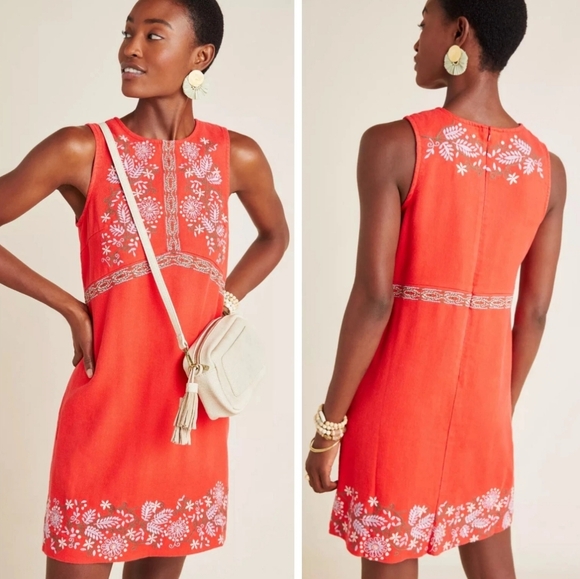 Anthropologie Dresses & Skirts - Anthropologie Aiko Embroidered Shift Dress Red Rouge Sleeveless Linen Plus 26